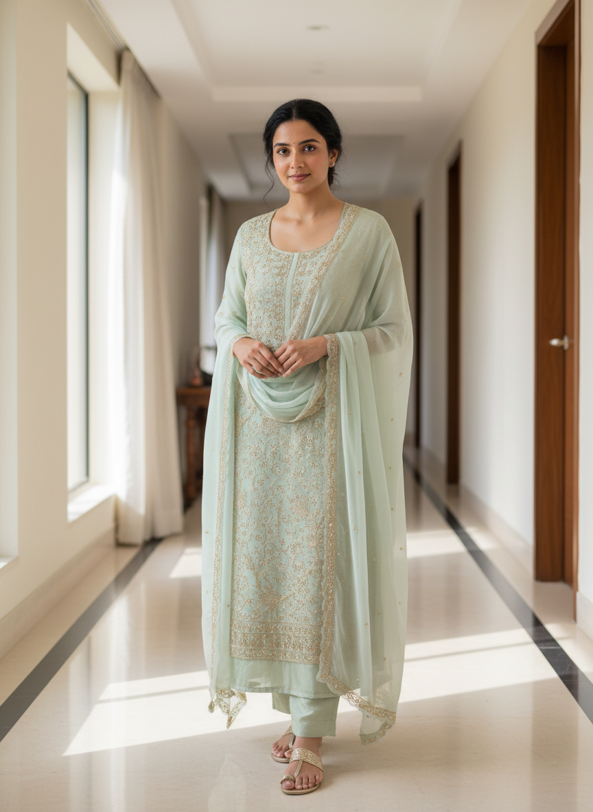 Mint Zari Embroidered Suit Set