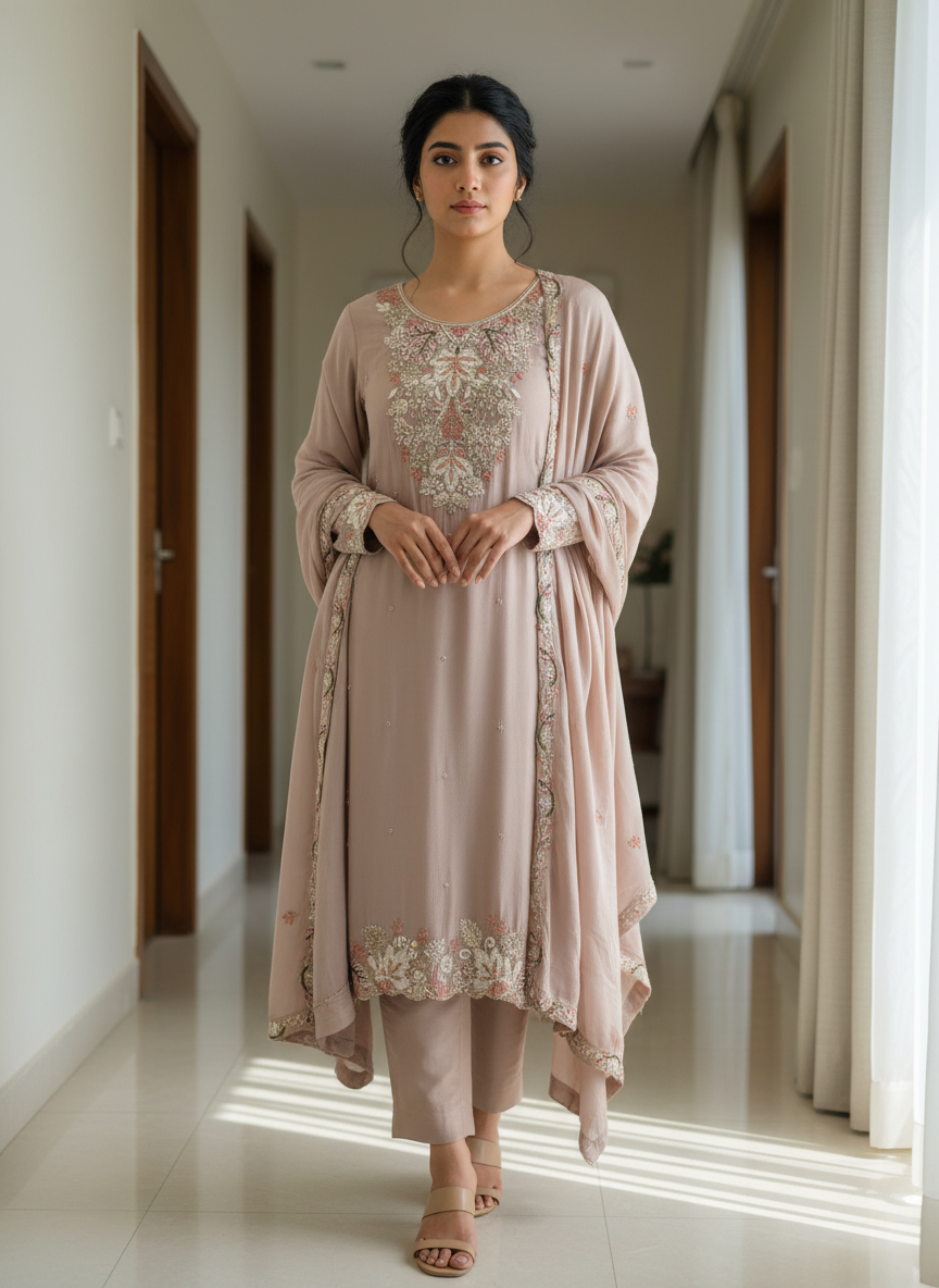 Mocha Embroidered Suit Set (with Matching Dupatta)
