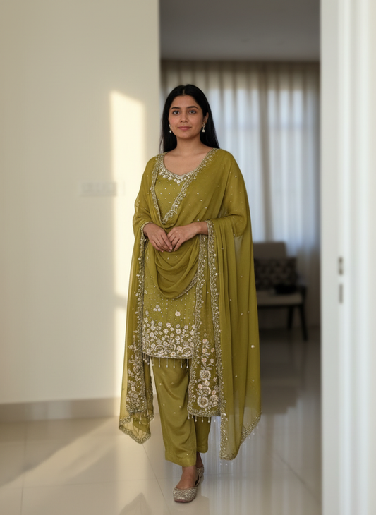 Olive Champagne Embroidered Suit Set