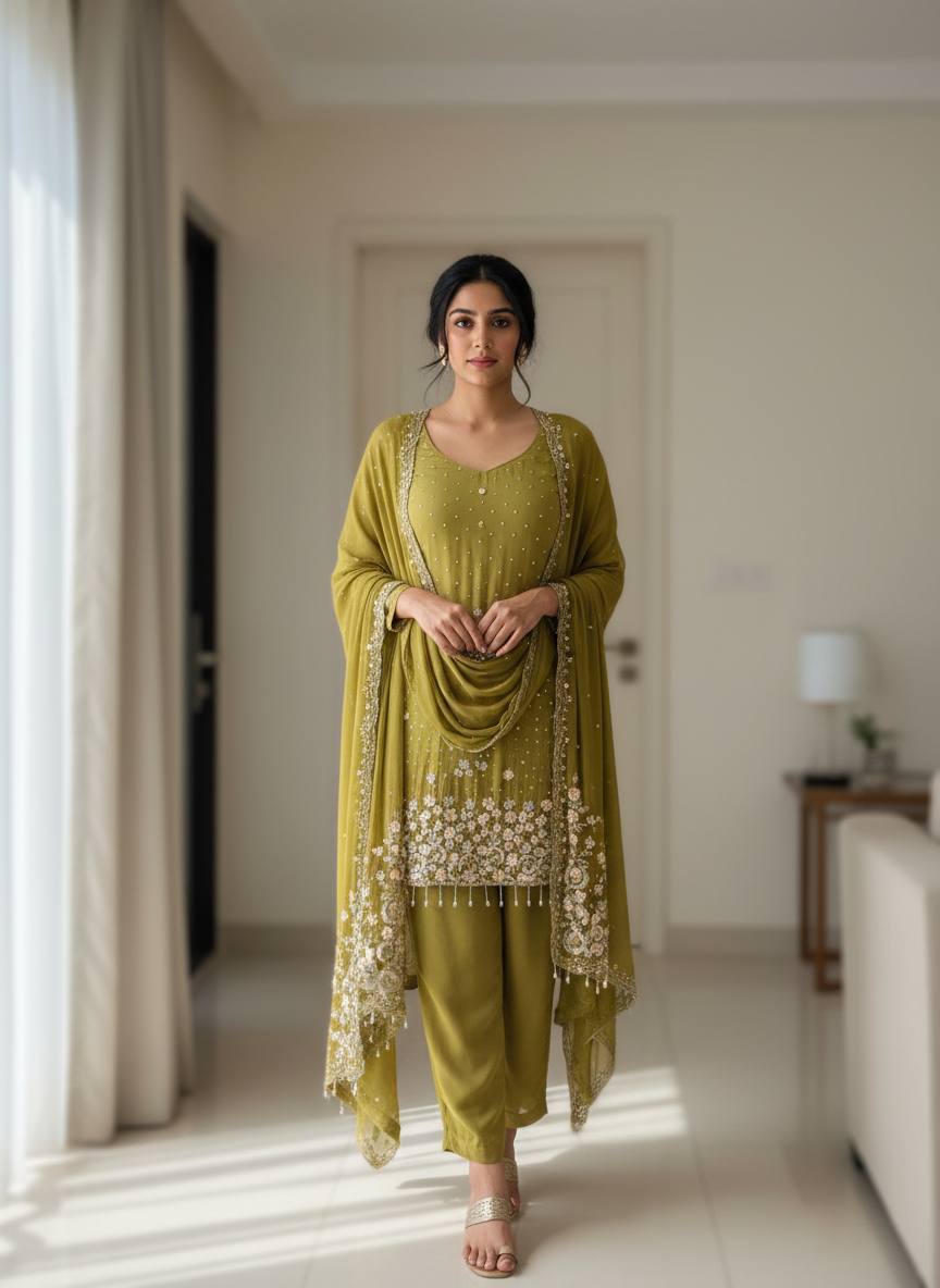 Olive Champagne Embroidered Suit Set