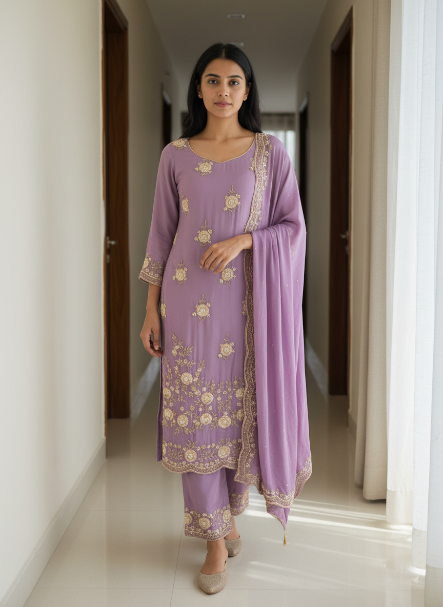 Lilac Gold Motif Suit Set