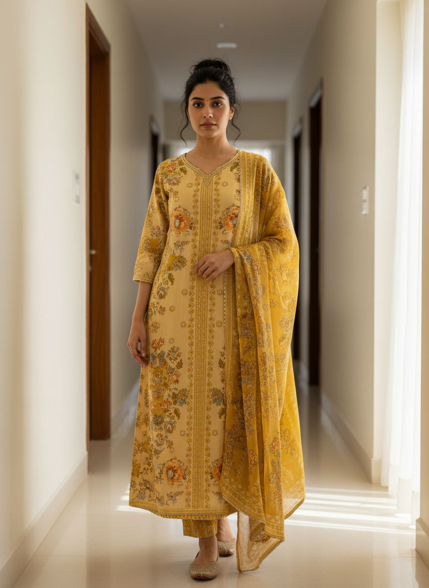 Mustard Floral Printed Suit Set