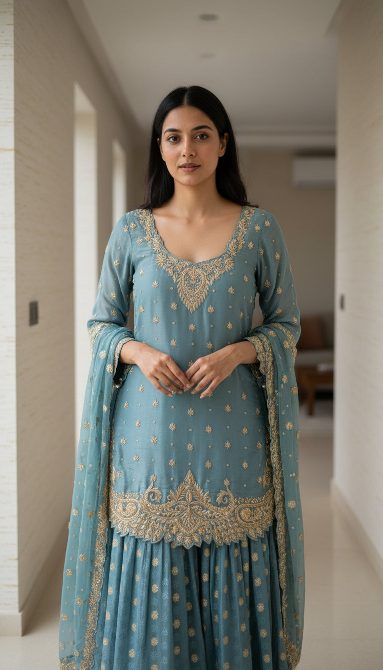 Teal Zari Embroidered Sharara Suit Set