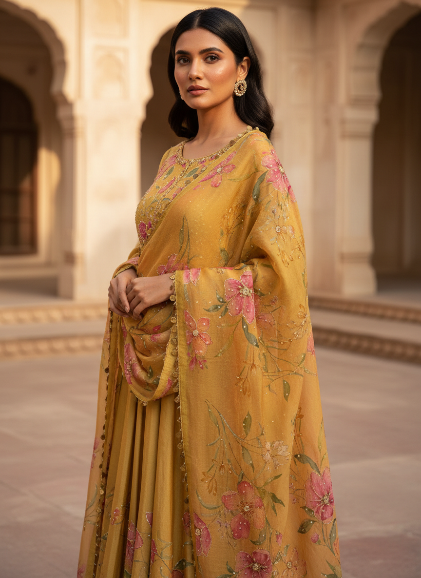 Gulbahaar Mustard Floral Suit Set