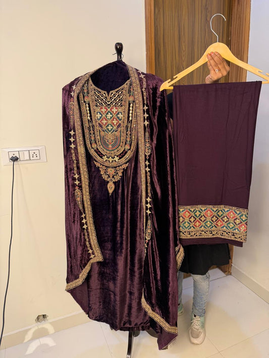 Zeenat Plum Velvet Suit Set (Royal Embroidered Front)