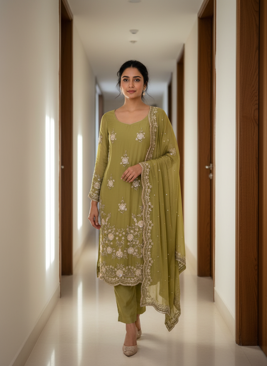Olive Embroidered Long Kurta Set