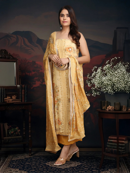 Pastel yellow embroidered suit is adorned with delicate floral motifs and paired with a rich dupatta