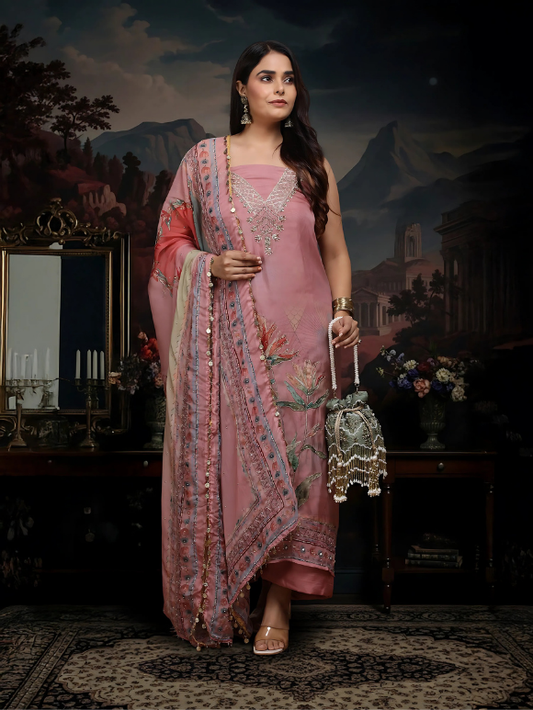 Intricately embroidered dusty pink suit