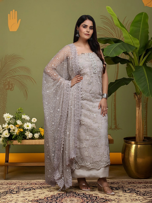 Soft taupe embroidered suit with dupatta