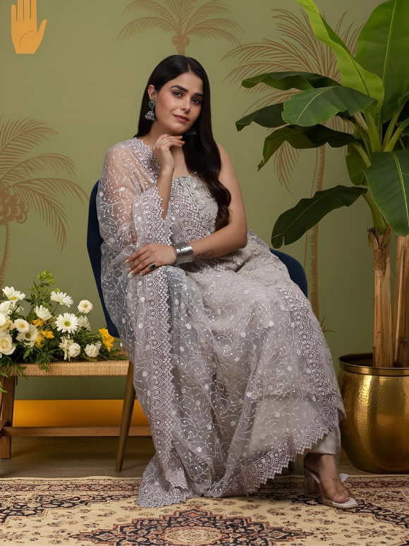 Soft taupe embroidered suit with dupatta