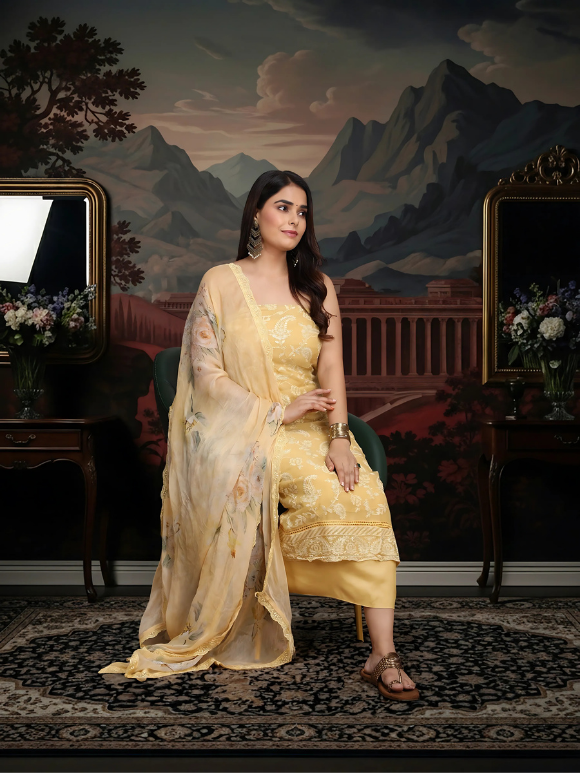 Pastel yellow suit adorned with delicate embroidery