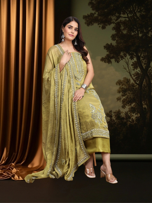 Embellished suit in mustard tones is a perfect mix of elegance and festive charm