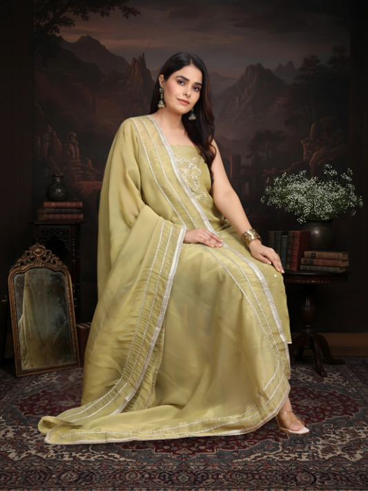Pastel gold ensemble is crafted to reflect subtle shine and graceful charm.