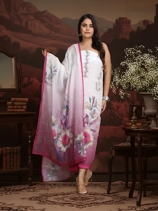 Blend of soft ombre shades, delicate embroidery, and vibrant floral prints