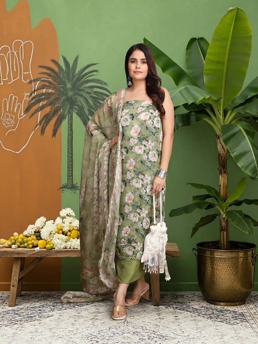 Enchanting green floral suit with its soft drape and pastel hues