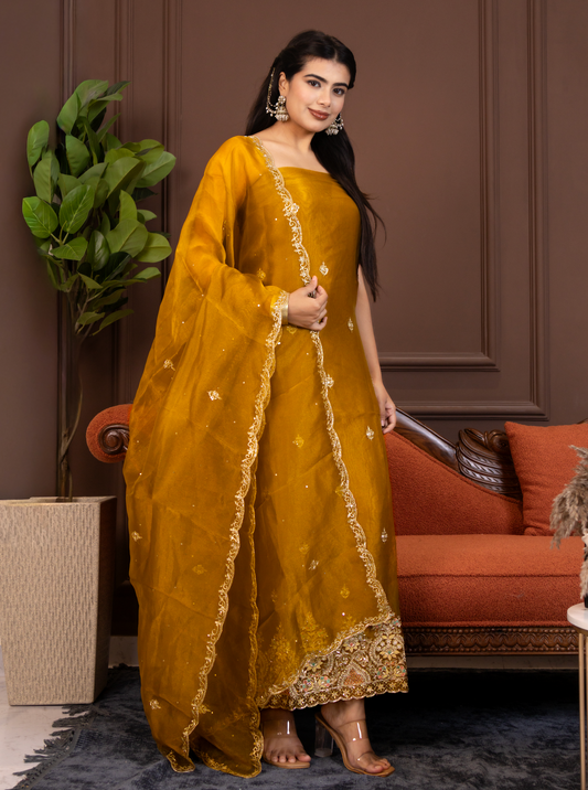 Luminous shimmer-organza kurta and dupatta paired with a fluid silk bottom