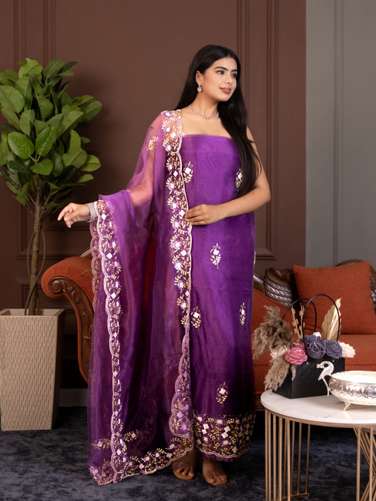 Coordinated shimmer-organza kurta and bottom with a soft muslin dupatta