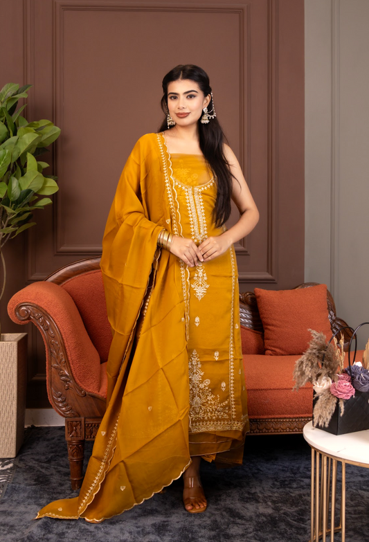 Viscose-organza on the kurta and dupatta paired with an opada-silk bottom