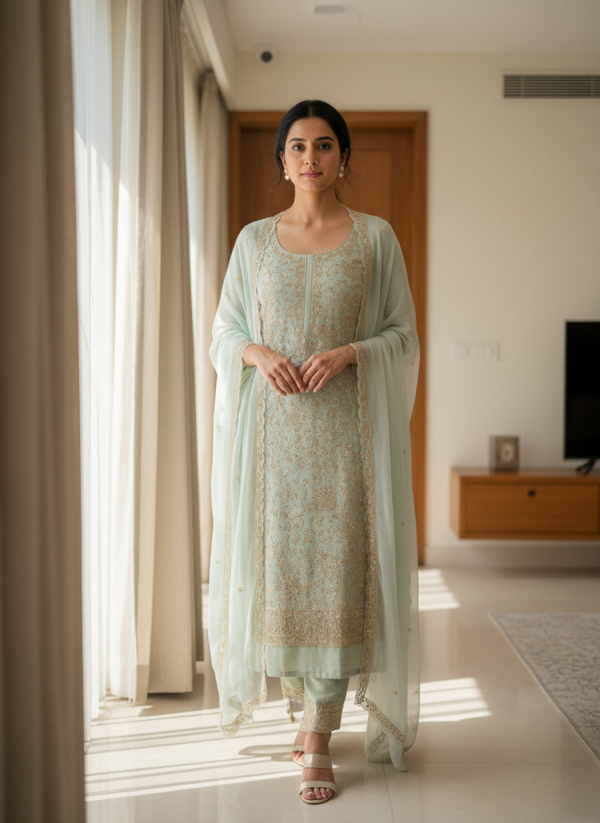 Mint Zari Embroidered Suit Set