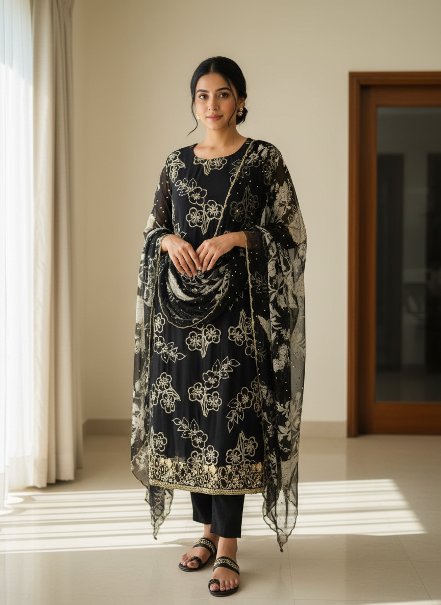 Midnight Black Floral Embroidered Suit Set