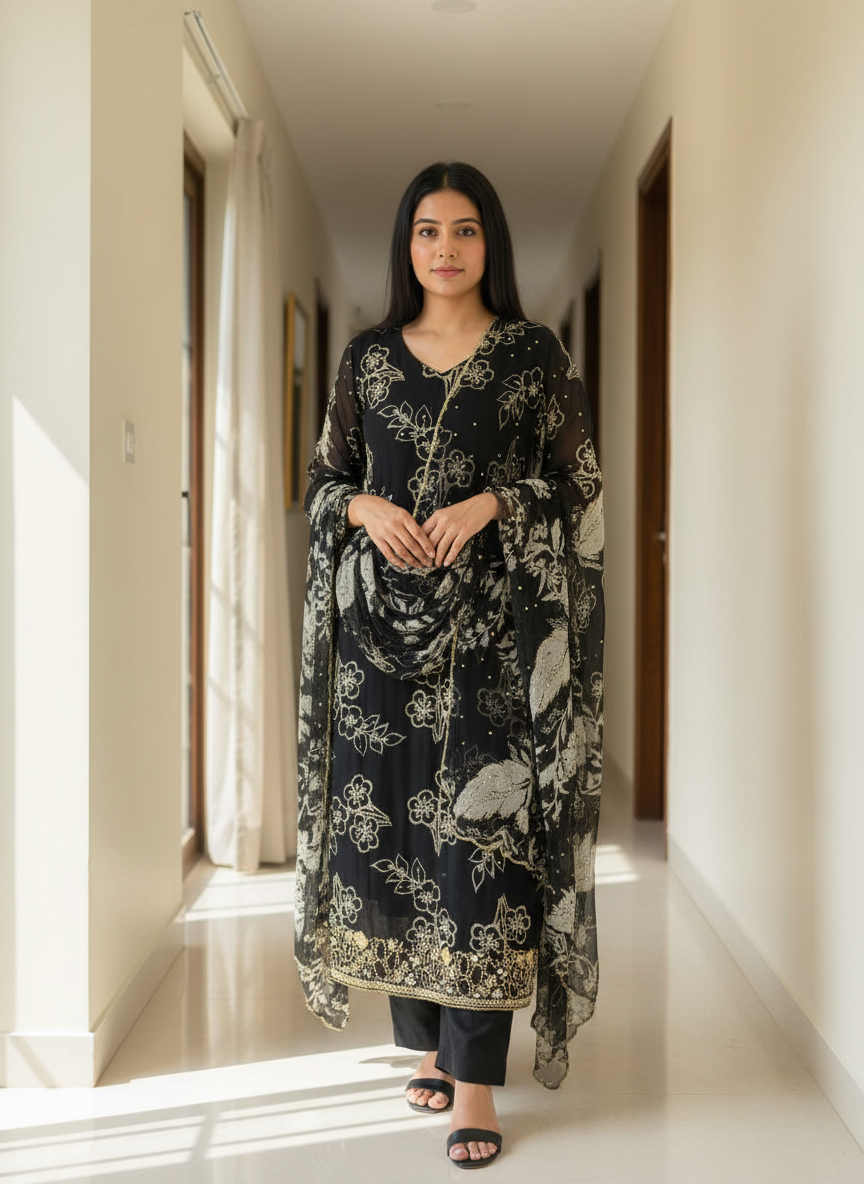Midnight Black Floral Embroidered Suit Set