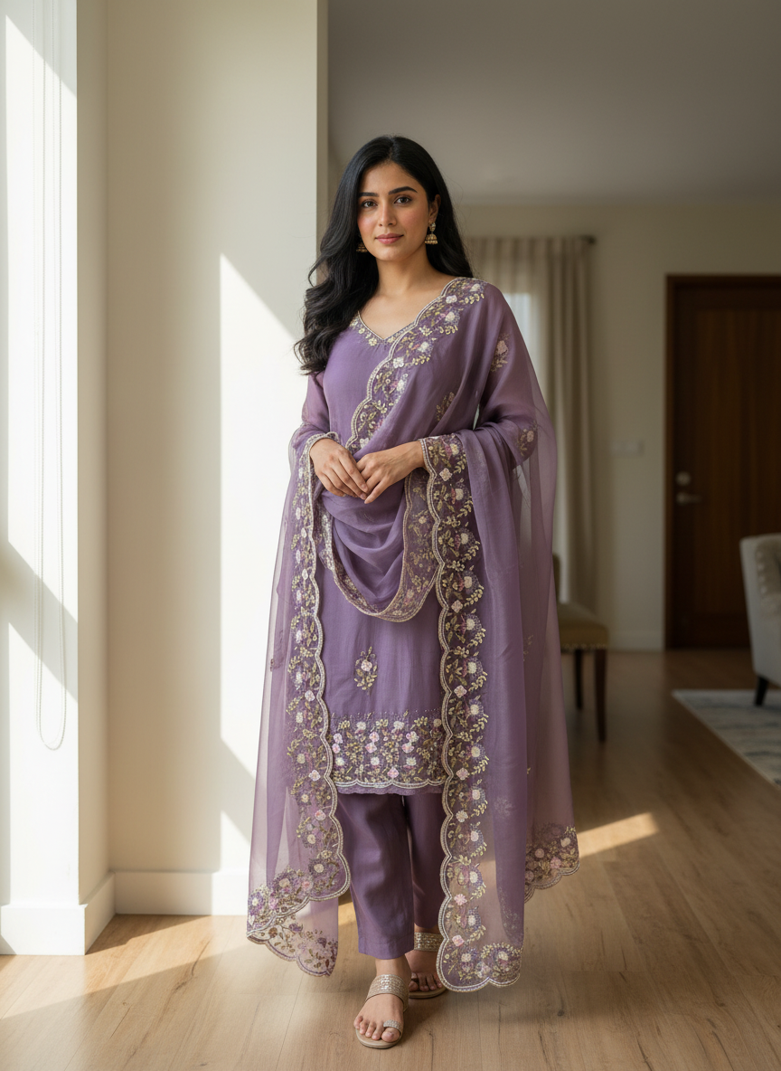 Lilac Embroidered Suit Set (with Scallop Border Dupatta)