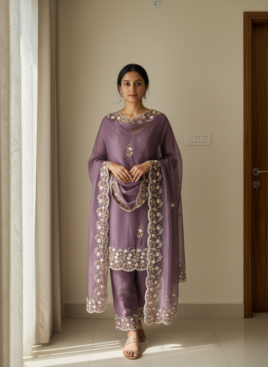 Lilac Embroidered Suit Set (with Scallop Border Dupatta)