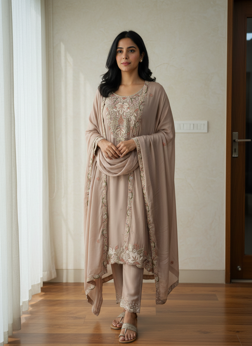 Mocha Embroidered Suit Set (with Matching Dupatta)