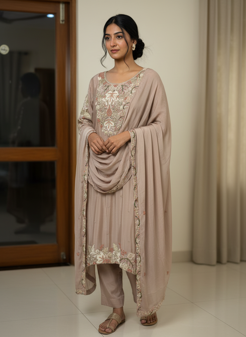 Mocha Embroidered Suit Set (with Matching Dupatta)