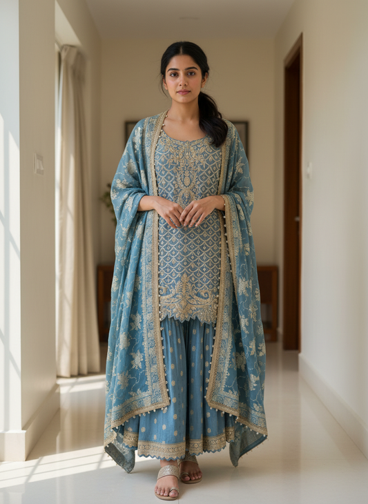 Persian Blue Embroidered Sharara Suit Set
