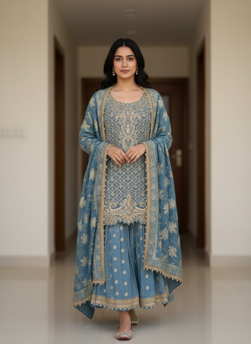 Persian Blue Embroidered Sharara Suit Set