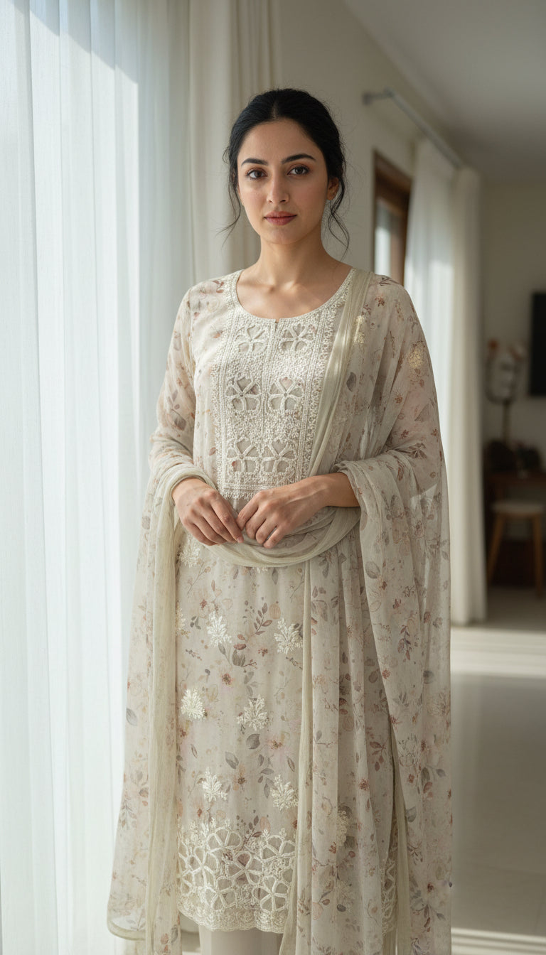 Beige Chikankari Floral Suit Set