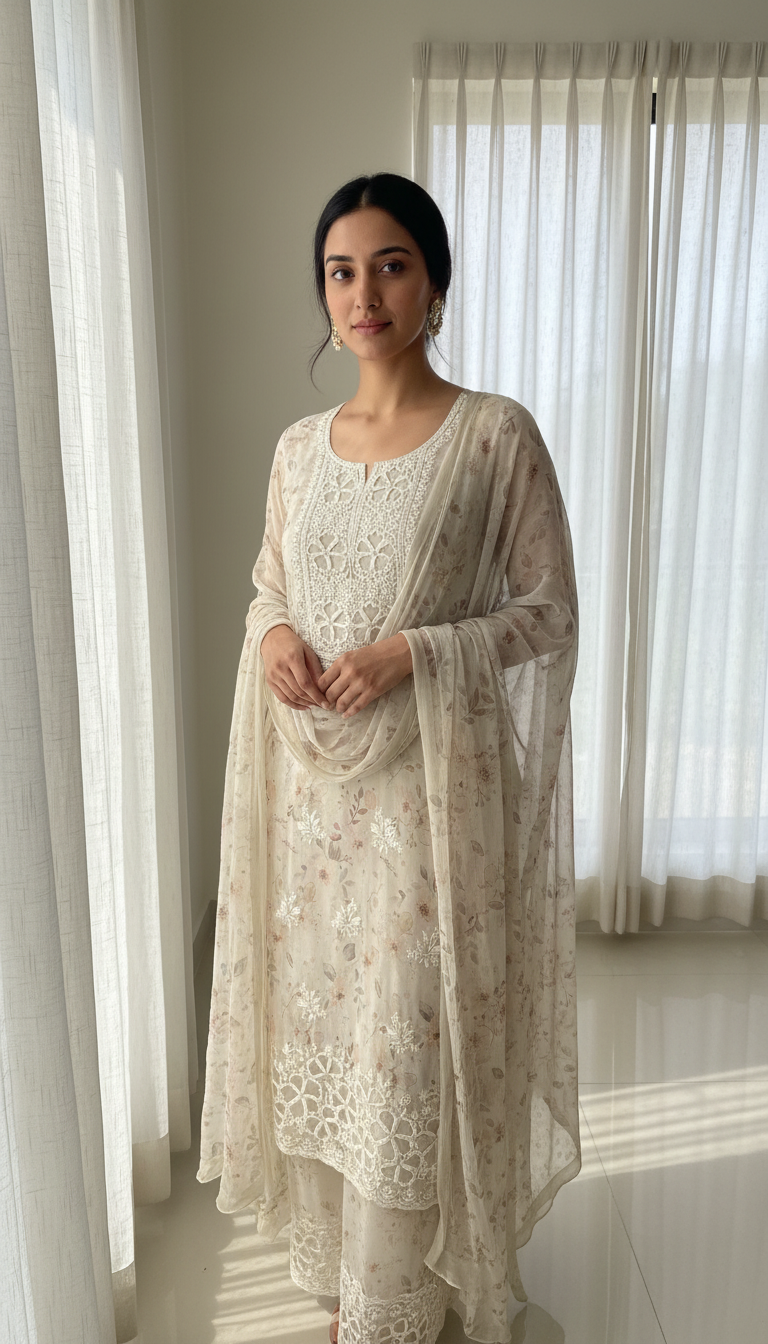 Beige Chikankari Floral Suit Set