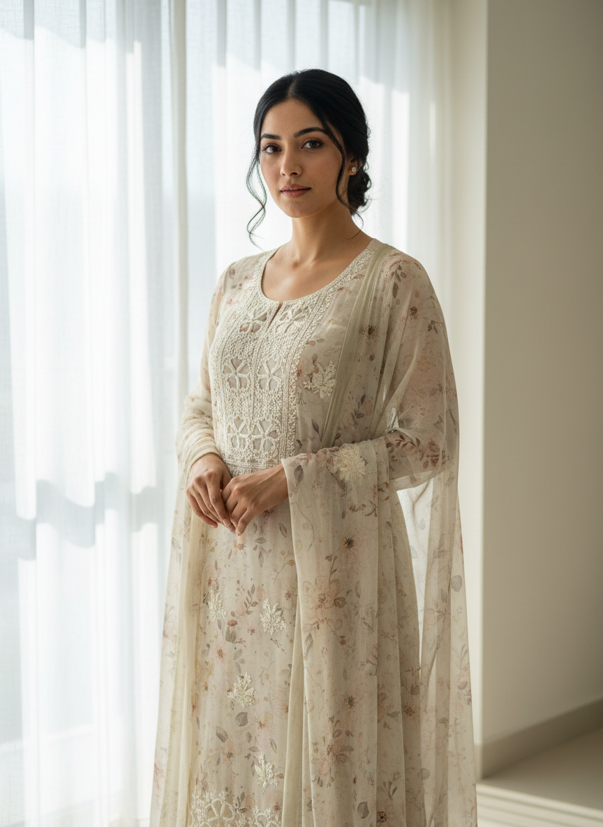 Beige Chikankari Floral Suit Set