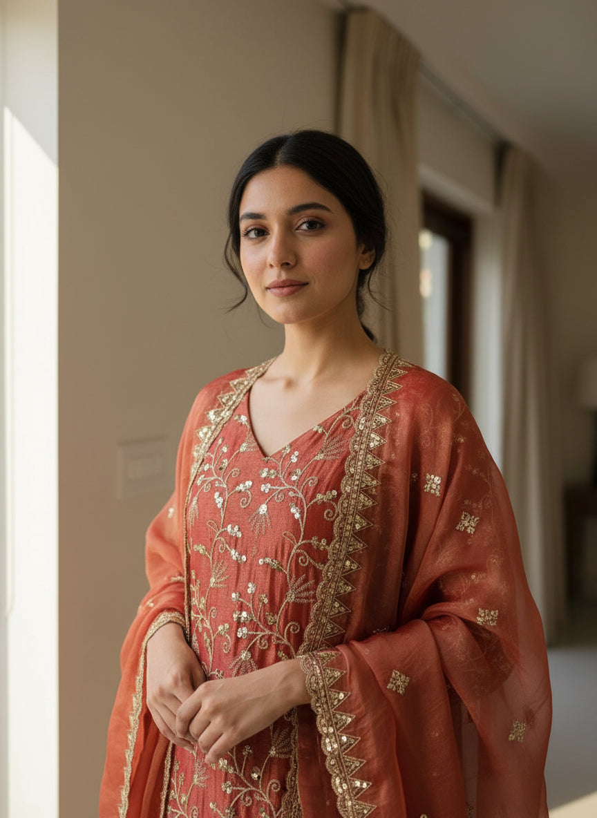 Rust Zari Vine Embroidered Suit Set