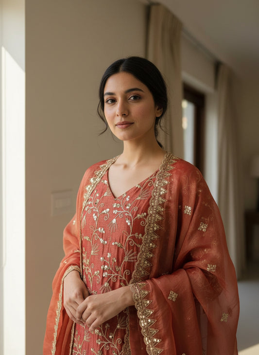 Rust Zari Vine Embroidered Suit Set