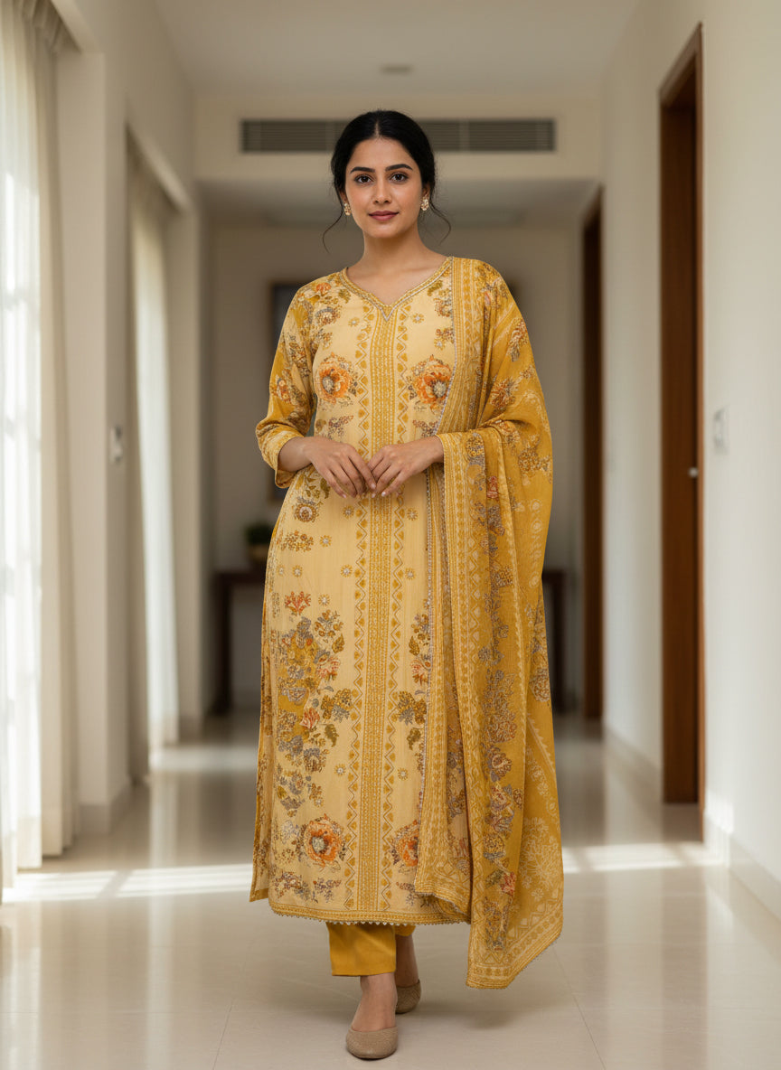Mustard Floral Printed Suit Set