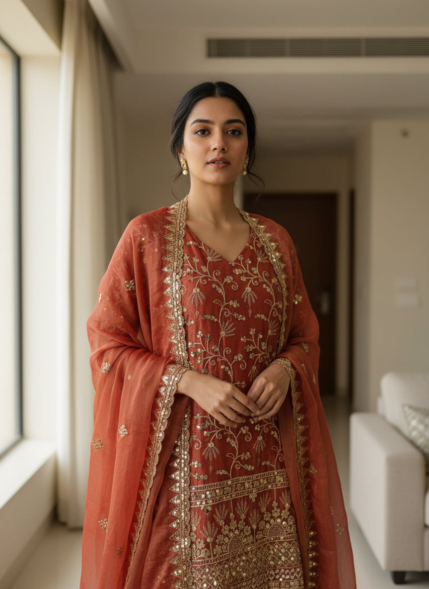 Rust Zari Vine Embroidered Suit Set