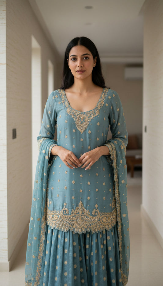 Teal Zari Embroidered Sharara Suit Set