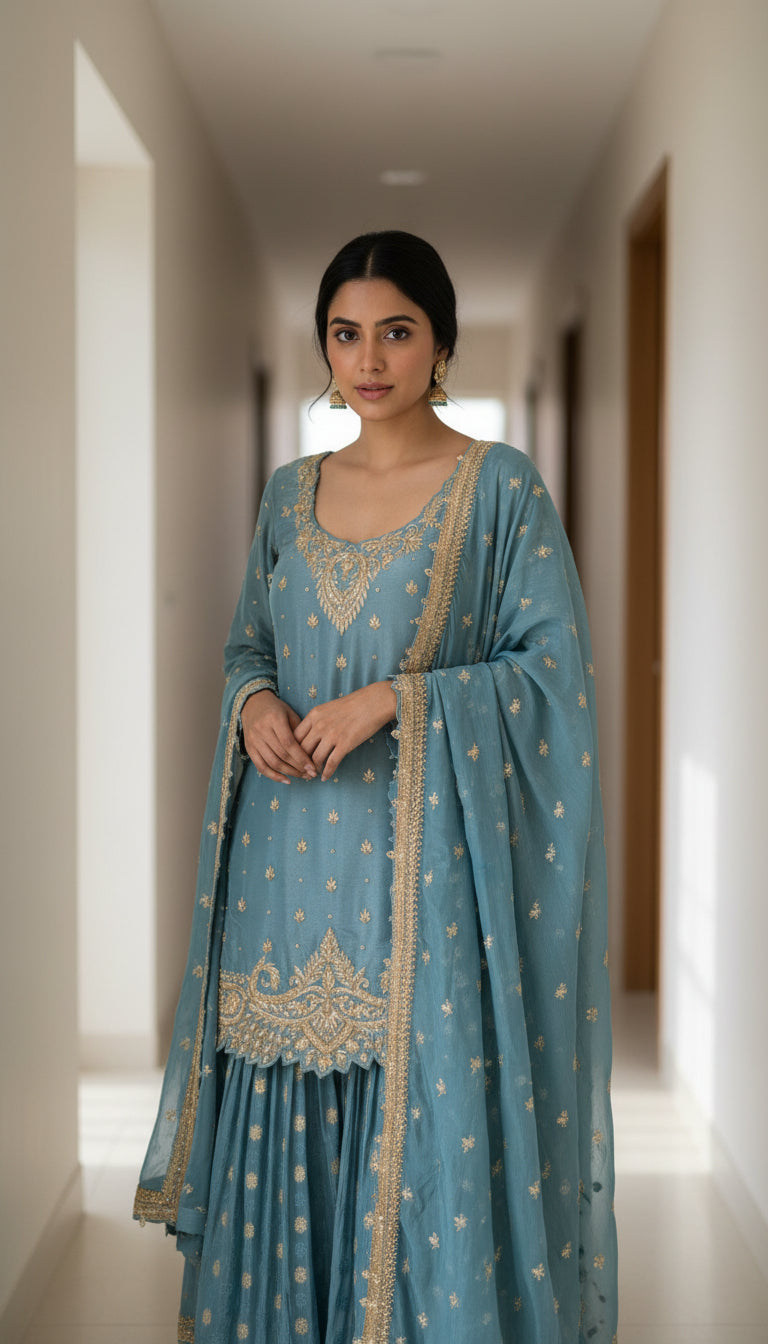 Teal Zari Embroidered Sharara Suit Set