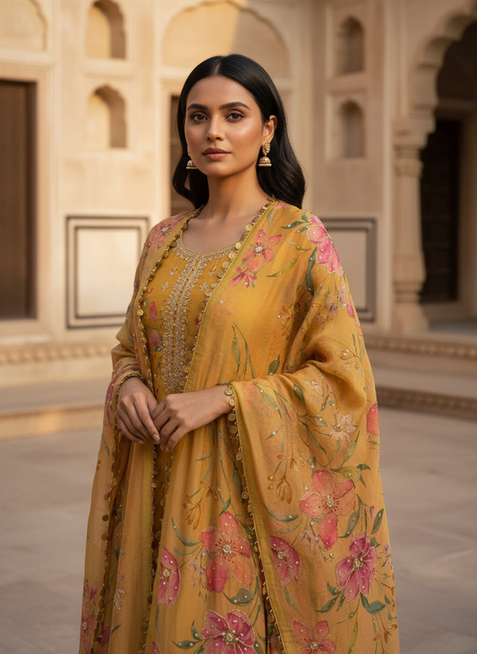 Gulbahaar Mustard Floral Suit Set