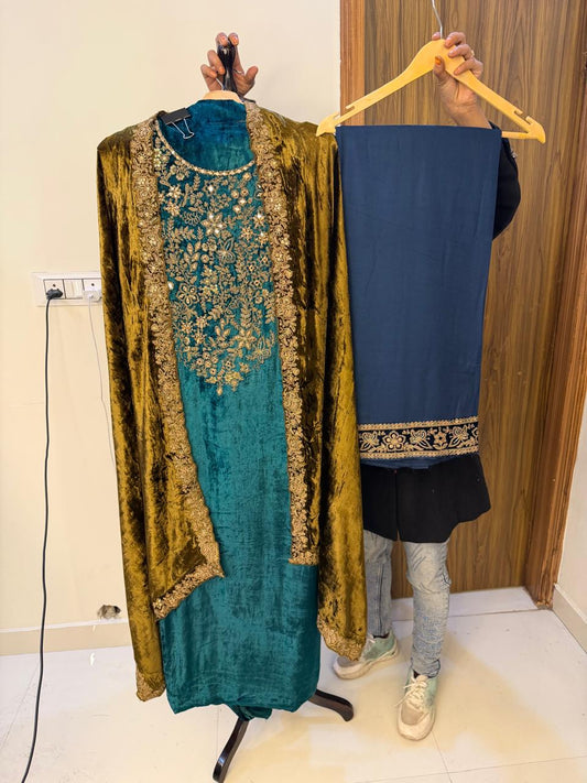 Emerald Aura Velvet Suit Set (Teal & Olive)
