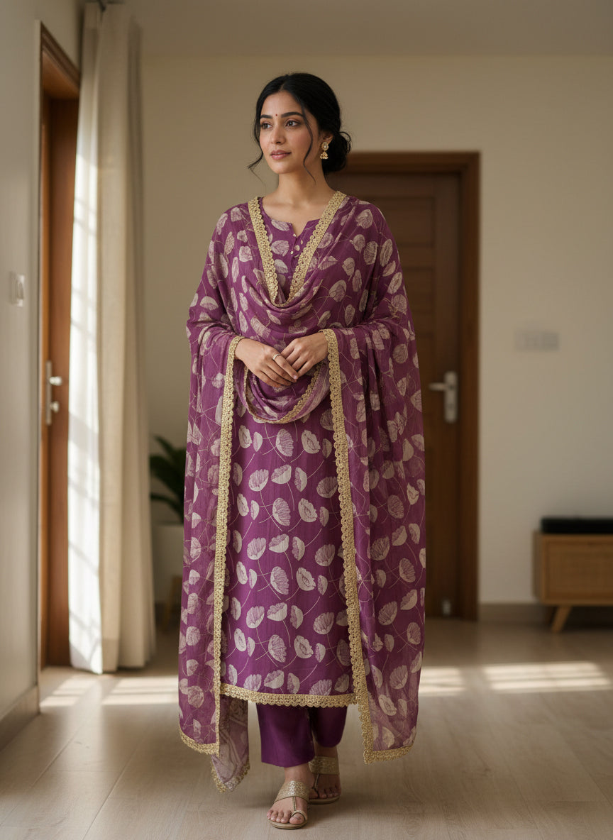 Wine Leaf Print Suit Set