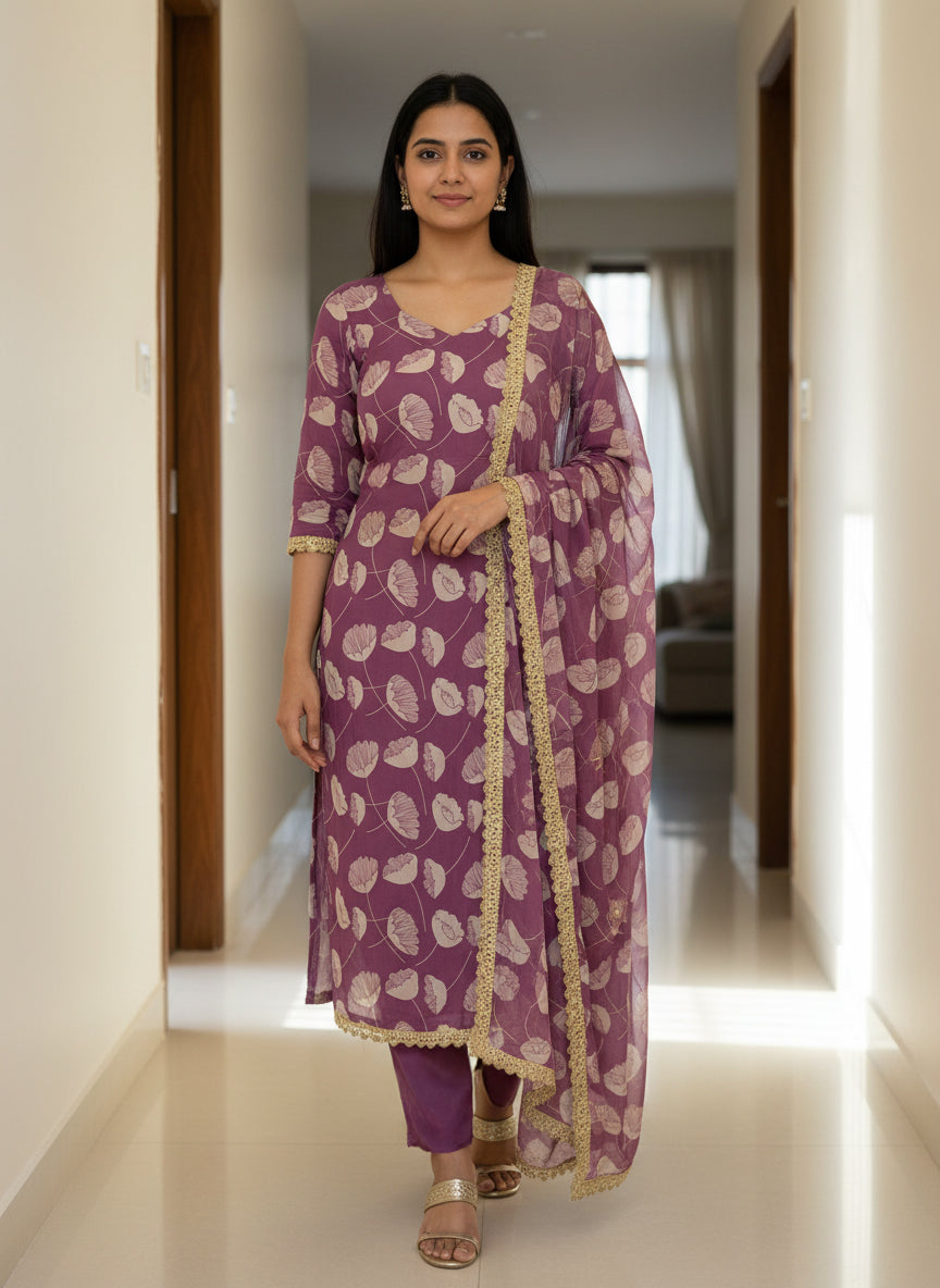 Wine Leaf Print Suit Set