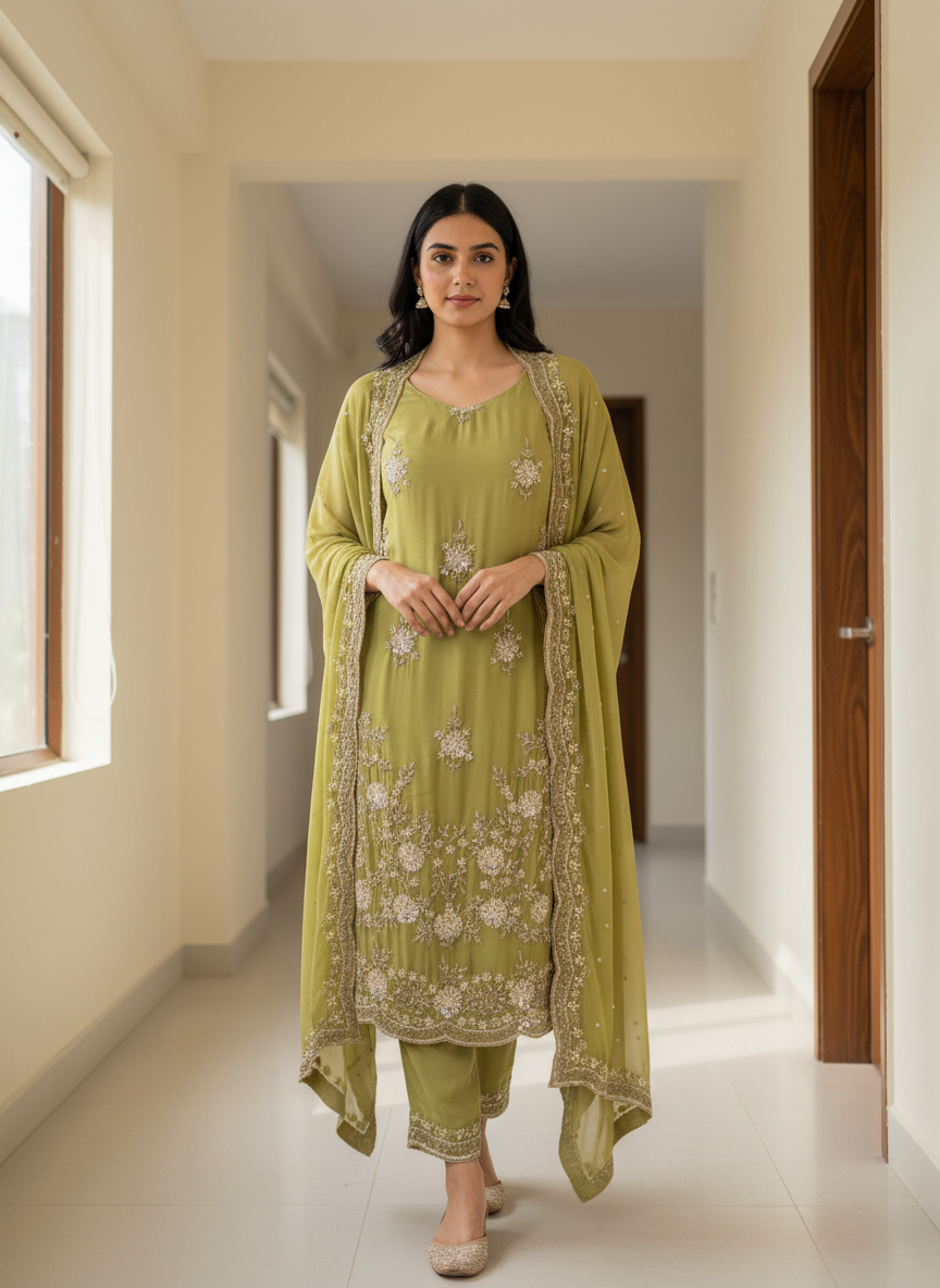 Olive Embroidered Long Kurta Set