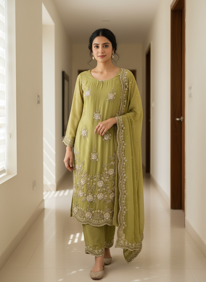 Olive Embroidered Long Kurta Set