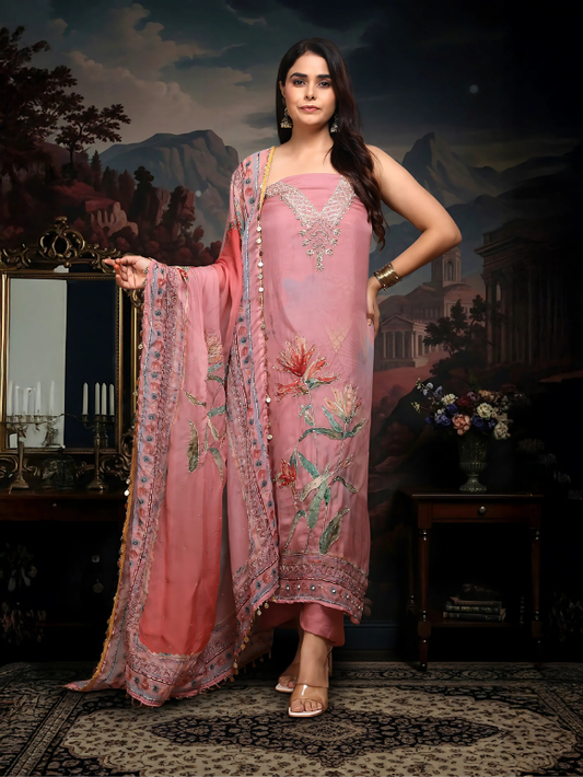Intricately embroidered dusty pink suit
