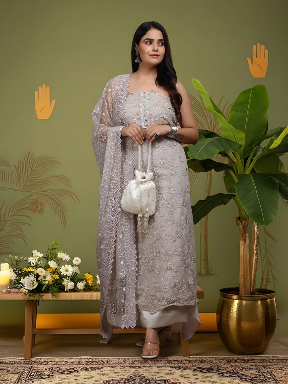 Soft taupe embroidered suit with dupatta.
