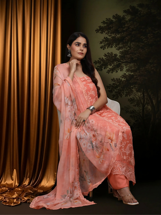 Elegant coral peach suit with delicate embroidery
