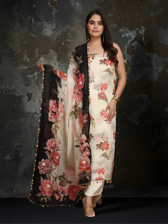 Ivory floral suit with a contrasting black dupatta 